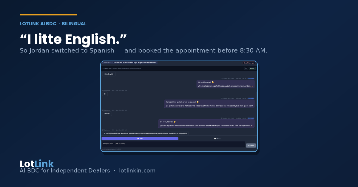 Jordan's inbox switching from English to Spanish after a customer wrote 'I litte English'