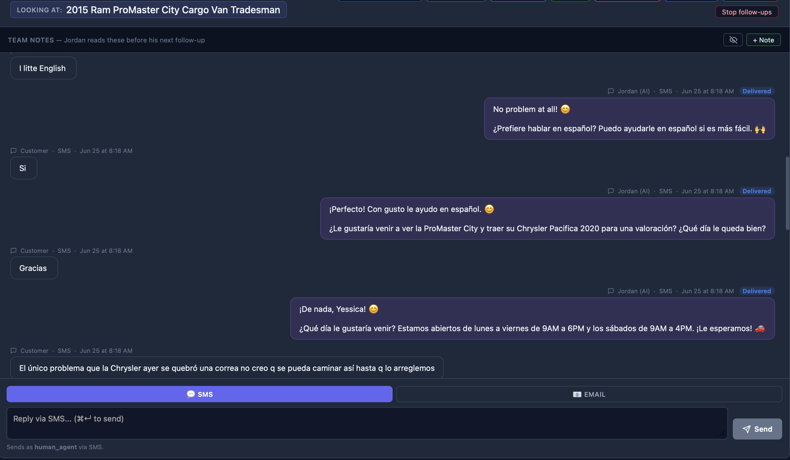 Jordan's inbox showing the conversation switching from English to Spanish after the customer wrote 'I litte English'